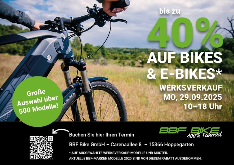 40 % auf Fahrräder und E-Bikes beim Werksverkauf am Montag, Friedrichshagen 40 % auf Fahrräder und E-Bikes beim Werksverkauf am Montag, Friedrichshagen